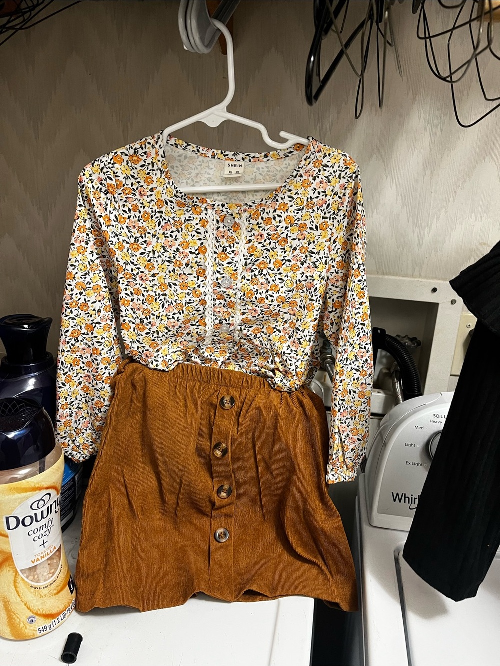 Floral Button Henley Top with Mustard Button Skirt
